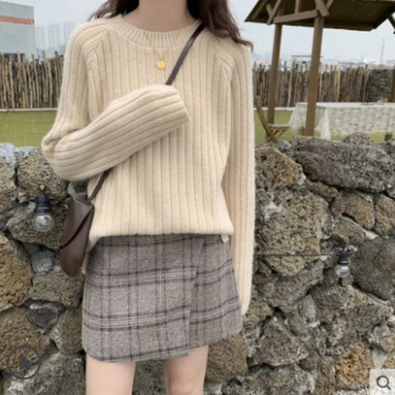 

Sweater Loose Knit Female Pullover Lazy Style Solid Color Bottoming Sweater Pullovers Women O-neck Solid Basic Kntting Top