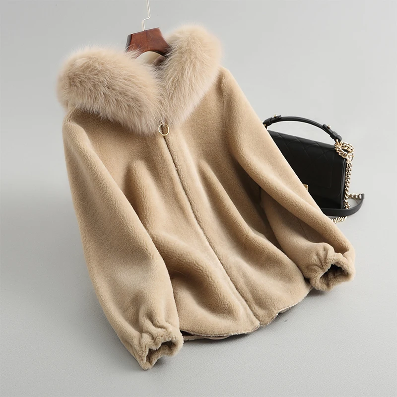AYUNSUE Real Fur Coat Female Jacket Winter Coat Women Clothes Fox Fur Collar Hooded Short Wool Fur Jacket 7623 KJ2884