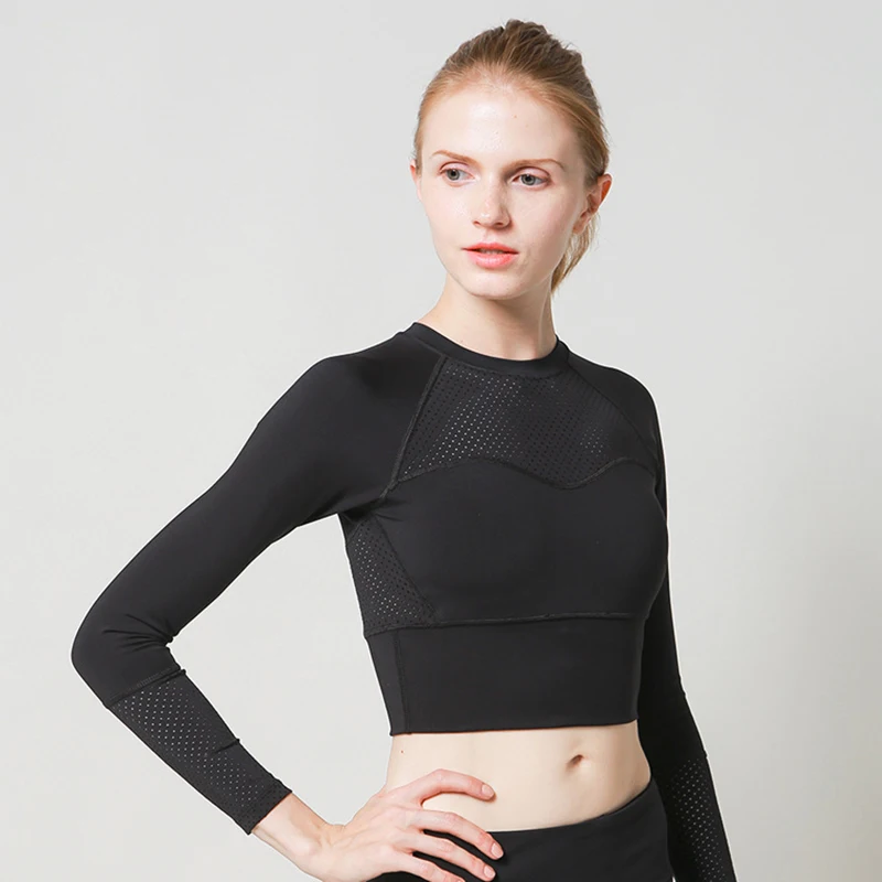 Black Women Seamless Long Sleeve Crop Top Yoga Athletic Gym Mesh Shirts Running Training Fitness Workout Top Quick Dry Active Shirts - Цвет: Black