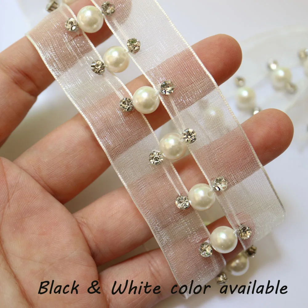 2 ярда бусины ручной работы жемчужная черная белая кружевная отделка для одежды