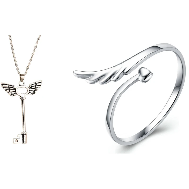 

Angel Wings Key Friendship Pendant Long Chain Necklace with Women's Ring Heart Shaped Love Angel Wings Ring