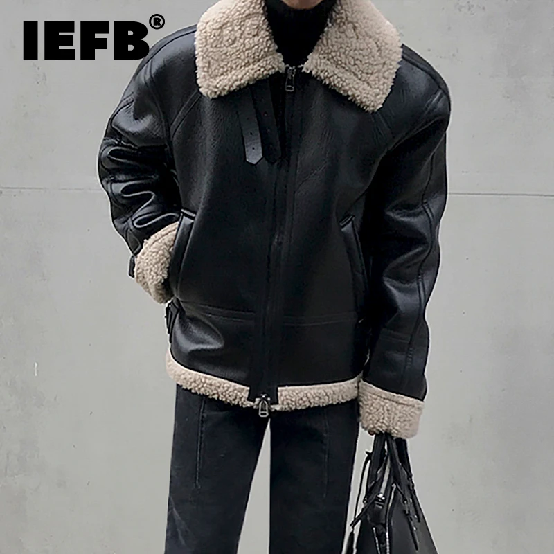 IEFB Faux Lambswool Short Coat New Men's Trend Winter Thickened Stand Collar PU Leather Jacket Fur One-piece Coat 9Y9411