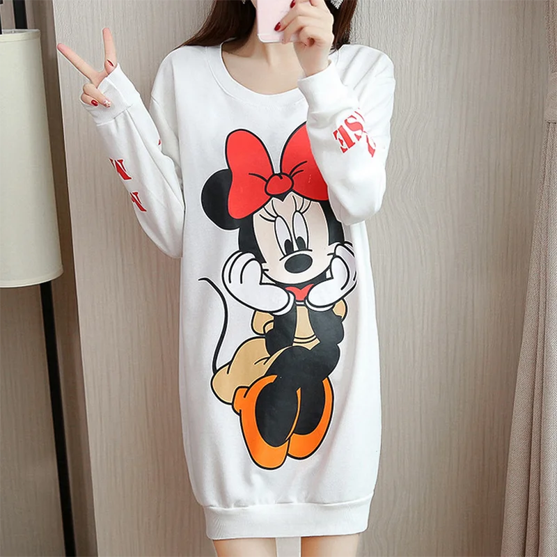 New Disney Minnie Mouse Long Sleeve Dress Cartoon Print Womenswear Plus Size Femme Robes Casual Loose Women Short Vestidos | Женская