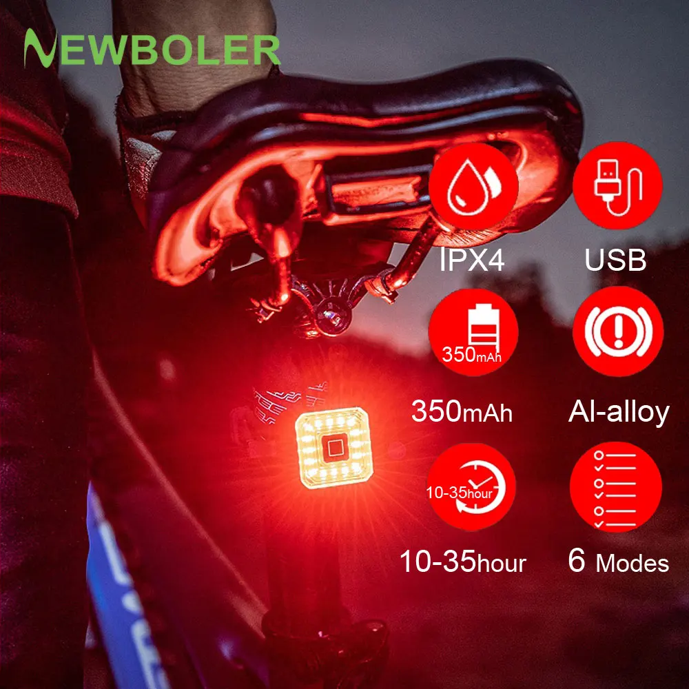 

NEWBOLER Bicycle Smart Auto Brake Sensing Taillight IPx4 Waterproof Auto On/Off USB Rechargeable Bicycle Rear Light Accessories