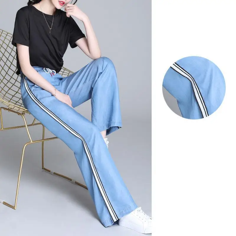 

Summer Cool Tencel Wide Legs Jeans Women Elastic High Waist Drawstring Side Stripe Loose Straight Jean Trousers Blue Denim Pants