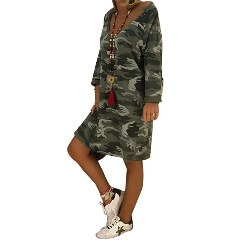 Осеннее Новое свободное камуфляжное платье средней длины с v-образным вырезом и