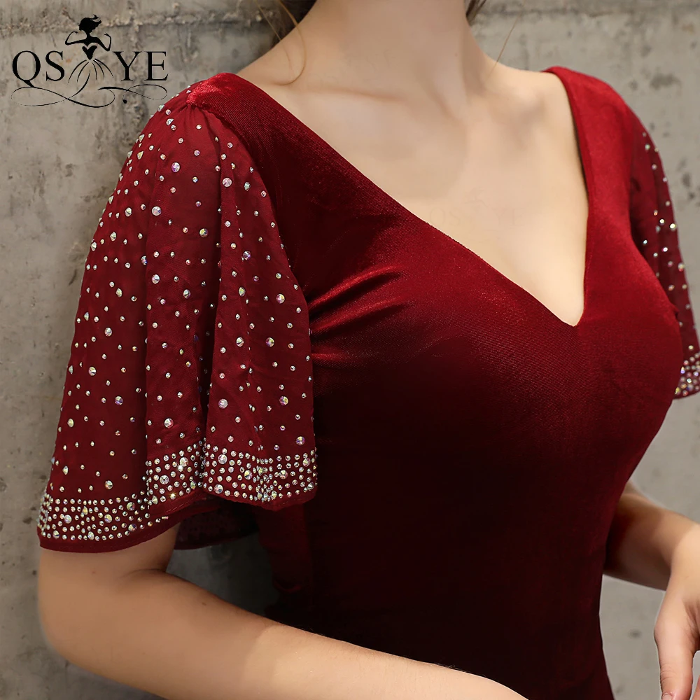 

Emerald Green Evening Dress Long Velvet Party Dress Sequin Sleeves V Neck Formal Dress Ruched Shirred Hips Split Women New Dress