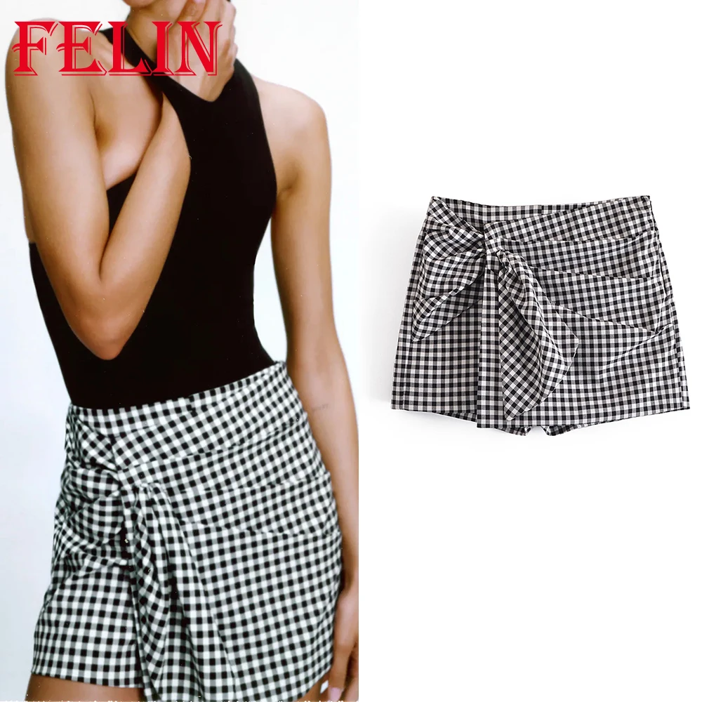 

FELIN Za Vintage Plaid Pleated Shorts Skirts Women Summer Fashion 2021 Streetwear Shorts High Waist Drapped Mini Trousers Shorts