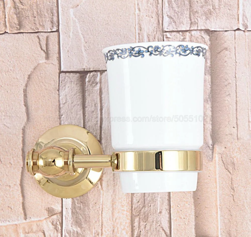 Латунный держатель для зубных щеток золотого цвета с одной керамической чашкой