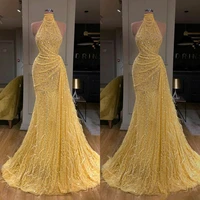 glitter mermaid evening dresses bright yellow high neck sleeveless sequins feather prom dress sweep train special occasion gowns