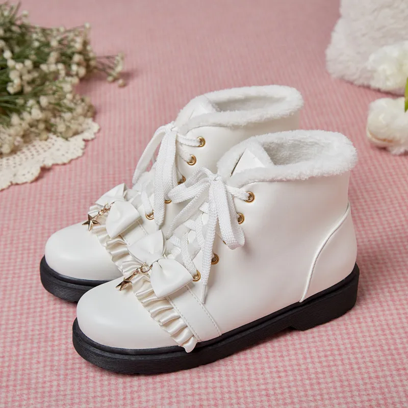 

YQBTDL Kawaii Ruffles Platform Bow Ankle Boots for JK Cosplay Girl Lolita Shoes Party Princess Pink Black Shorty Botas Drop Ship