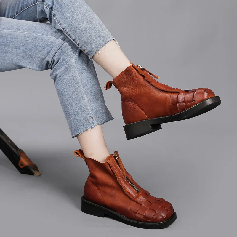 

Ботильоны Birkuir женские из натуральной кожи, ботинки на молнии спереди, низкий каблук, плетеные, на платформе, осень 2021