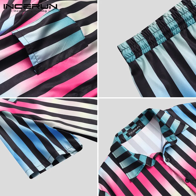 

INCERUN Fashion Men Striped Sets Gradient Tie Dye Short Sleeve Lapel Shirt Beach Shorts Breathable Men Hawaiian Sets Streetwear