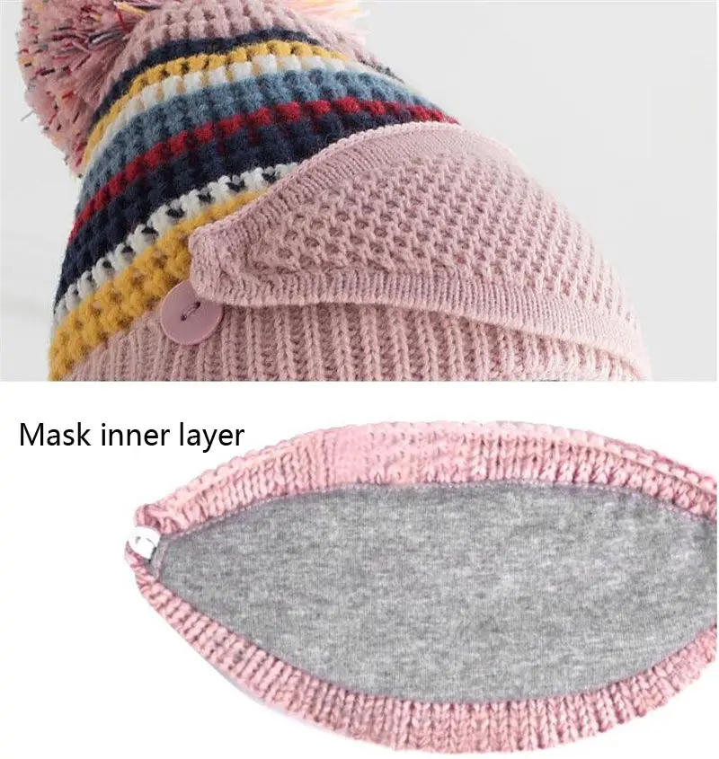 

Winter Girls Hat And Scarf Set Big Kids Warm Plush Knit Pom Pom Cap Scarves With Mask Child Stripe Circular Scarf Hat 5-12T