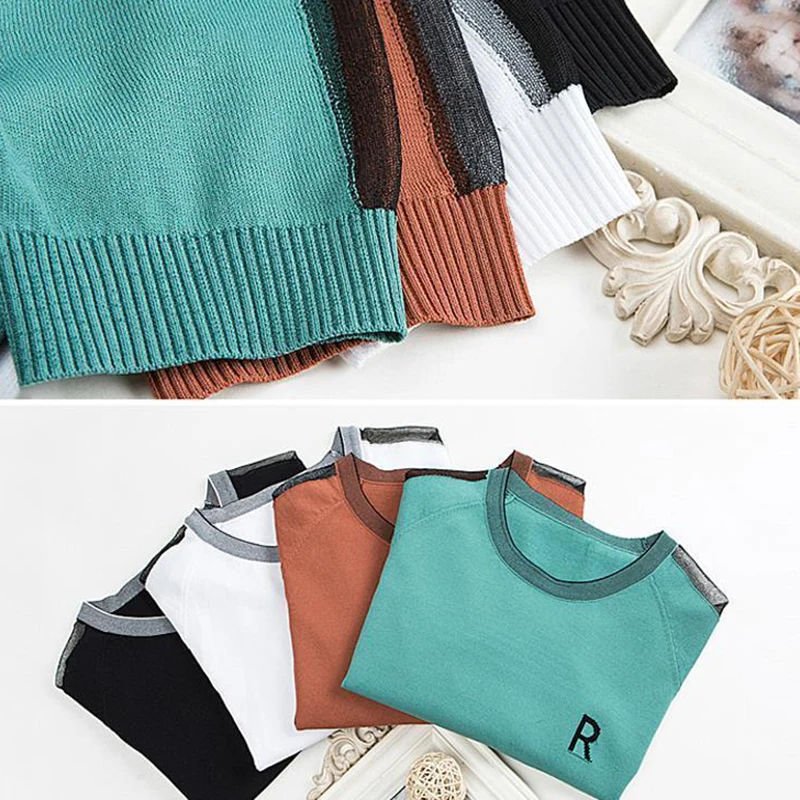 

Casual Letter Patchwork Knitwear T-Shirt Women Plus Size 3XL Summer Knit Tops Korean Solid Stretch Loose Knitted Pullovers