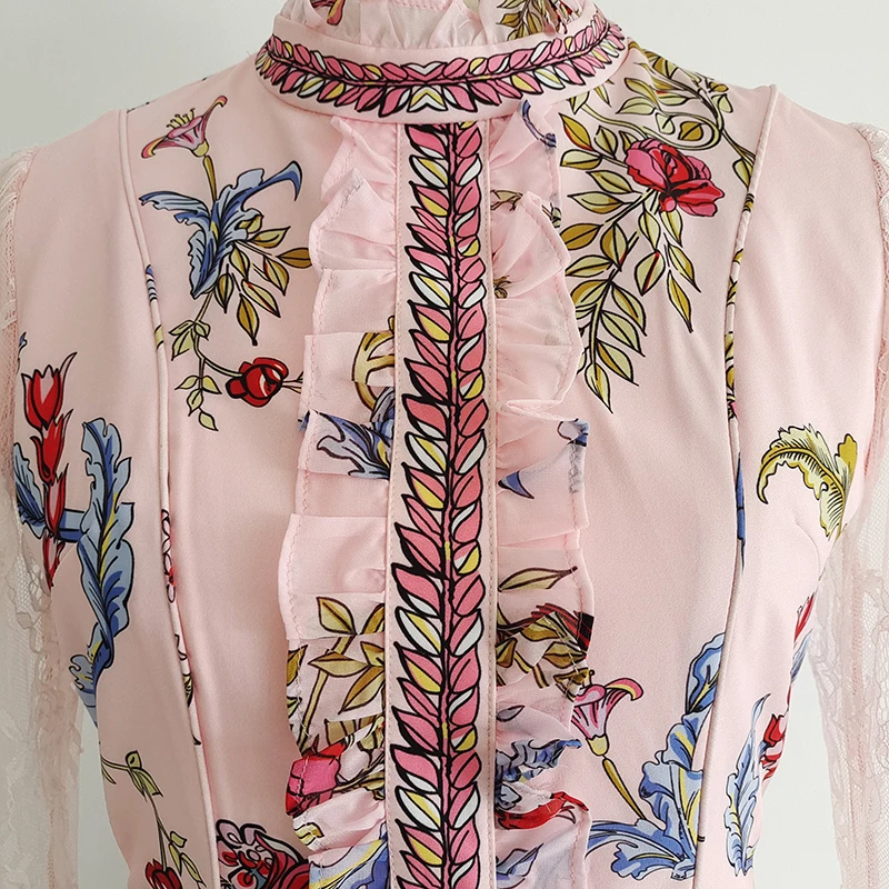 

Женское платье с оборками, модельное элегантное мини-платье с цветочным принтом, кружевным рукавом, лето 2021