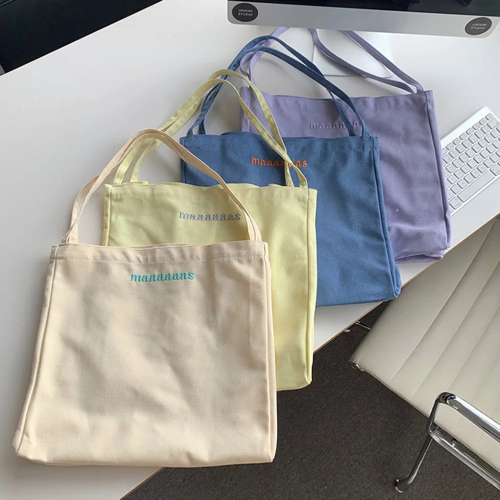 

Women Embroidery Letters Shoulder Bags Solid Color Canvas Large Capacity Reusable Casual Shopping Bags for Women Girls