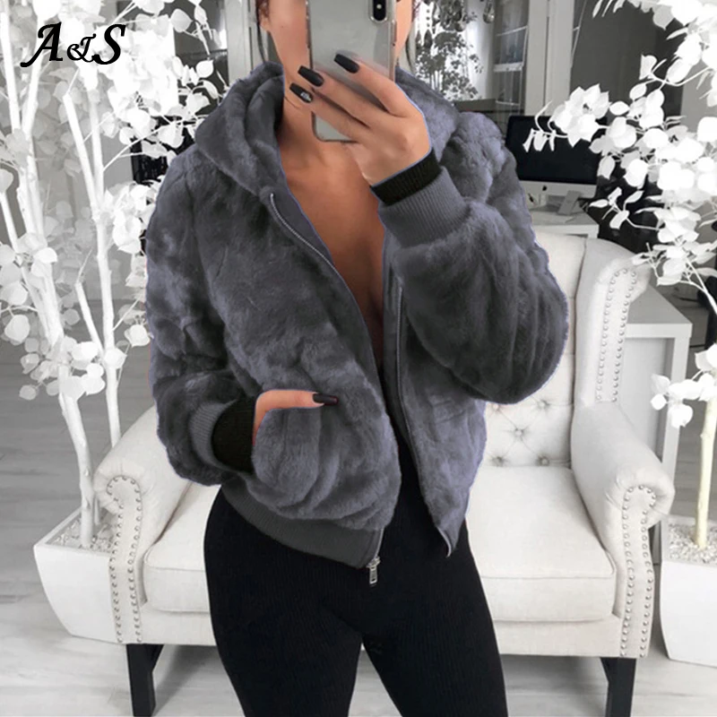 Anbenser Faux Fur Hooded Coat Women Winter Warm Soft Zipper Fur Jacket Female Plush Chaqueta Mujer Pocket Casual Teddy Outerwear