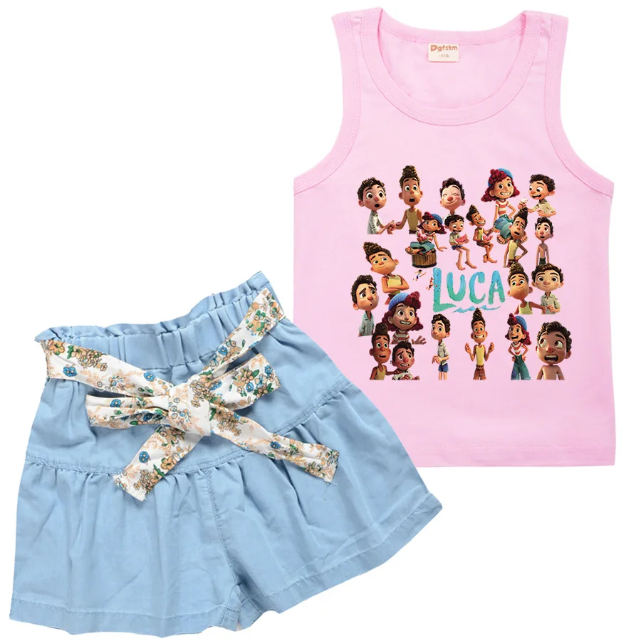 

2-16Y Movie Luca Print Sleeveless Tshirts +Folds Jeans Shorts 2-pcs Set Kids Summer Clothing Sets Toddler Girls Boutique Suits
