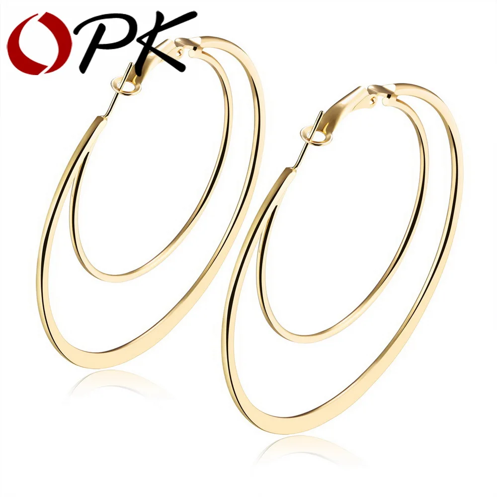 

OPK Exaggerated Double Round Hoop Earrings For Women Smooth Design Gold Color S/M/L/XL 4 Sizes Girl Wedding Jewelry Gift 676