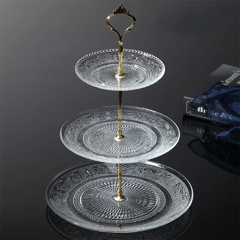 

European-style Glass Fruit Plate Three-layer Modern Minimalist Creative Restaurant Transparent Glass Multi-layer Cake Plate