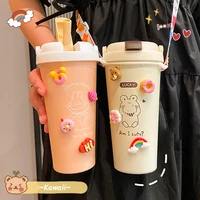500ml diy thermos cup straw cup cartoon portable cup with straw vacuum flasks coffee mug comes with 3d decorations and strap
