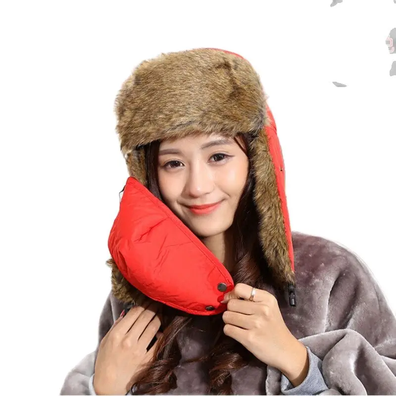 

Russian Bomber Hats Warm Winter Men and Women Unisex Earmuffs Cap With Mask Thick Solid Color Ear Riding