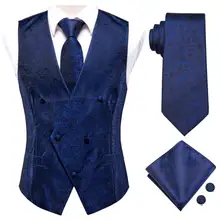 Coletes masculinos de seda e gravata negócios vestidos formais fino colete 4pc gravata hanky abotoaduras para terno azul paisley floral colete (1)