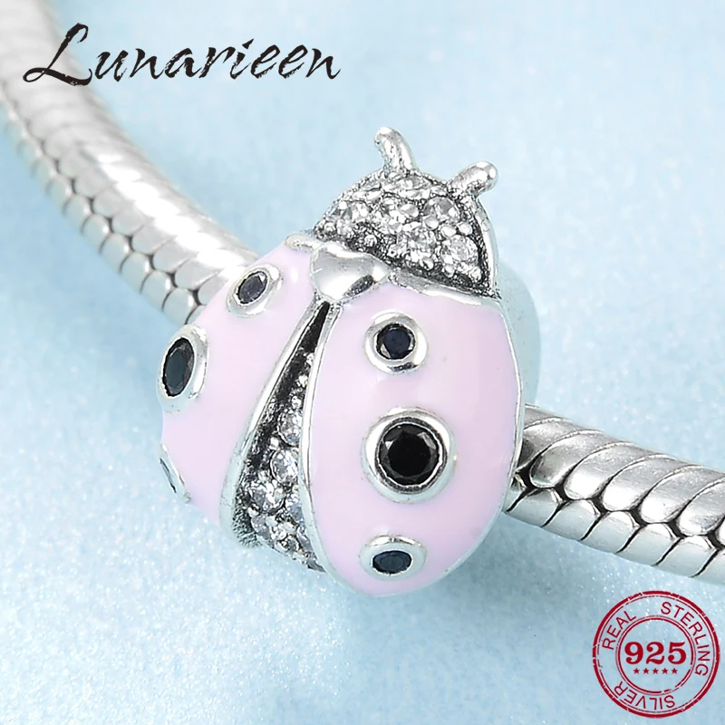 Горячая Распродажа 925 пробы серебро розовый Божья коровка Очаровательная CZ