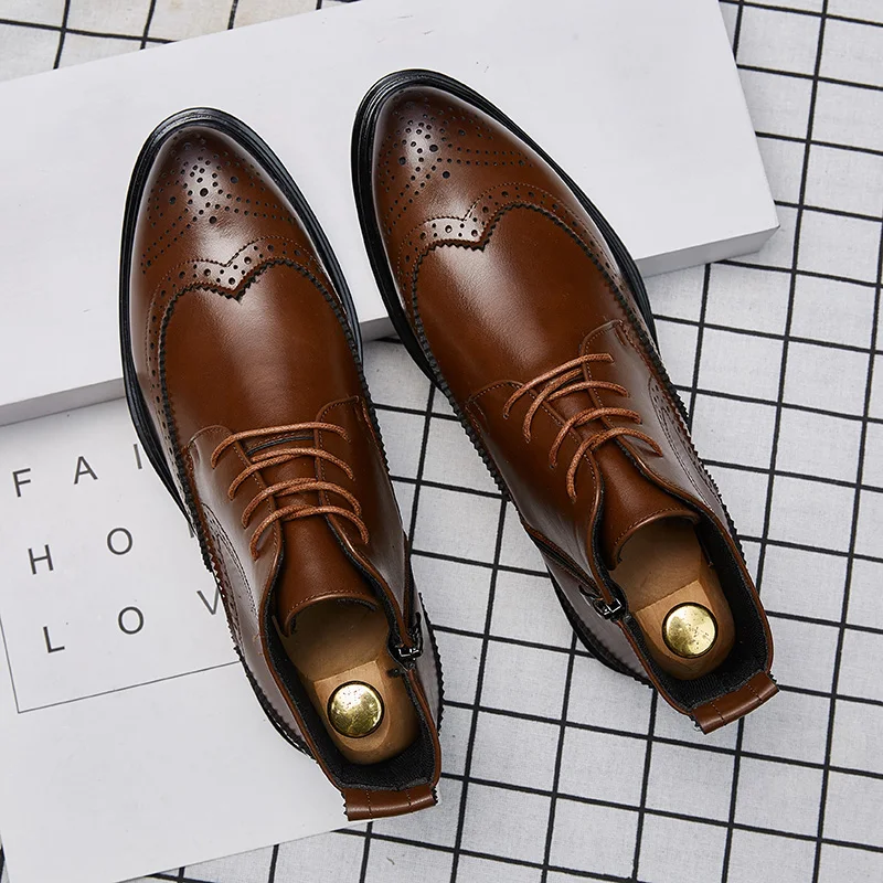 Ботинки OZERSK мужские на молнии теплые кожаные Полусапоги броги деловая обувь