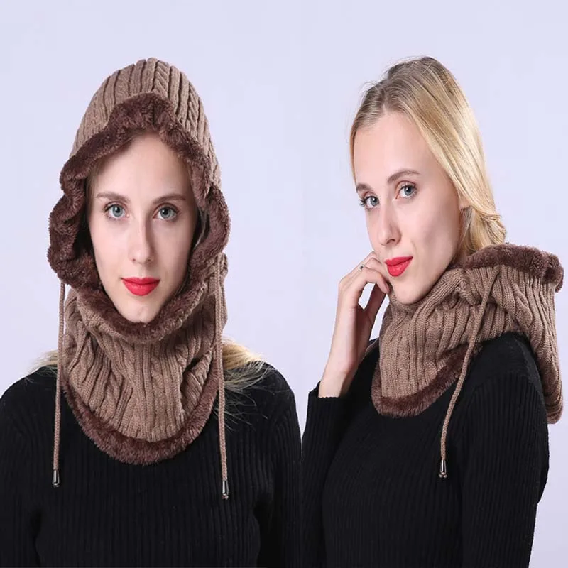 

Зимняя вязаная шапка, женский шарф, шапочки, облегающие шапки, зимние многофункциональные шапки, Женский цельный шарф с закрученными ушками...