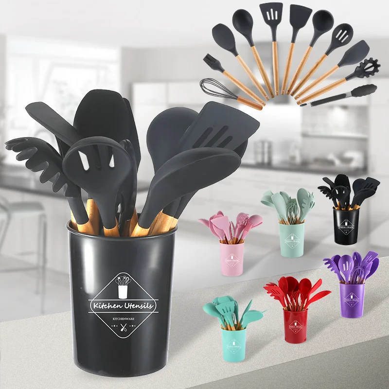 

12 piece nonstick spatula slotted shovel soup spoon cooking shovel oil brush kitchen Silica Gel Accessories Black color