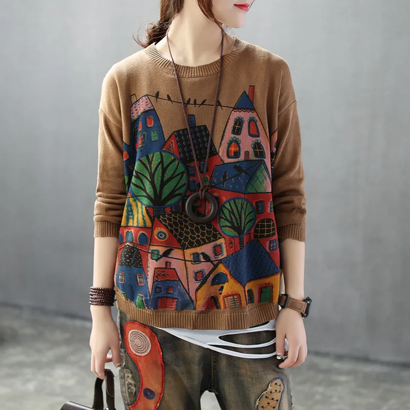 

Пуловер женский с длинным рукавом, свитер свободного покроя в винтажном стиле ретро, пуловер с мультяшным принтом, AA122S50, Осень-зима