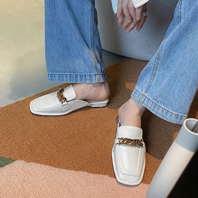 

QZYERAI 2021 Summer Women Decoration Shoes Ladies Sandals Women Genuine Leather Solid Slipppers Luxury Brand Designer Shoes