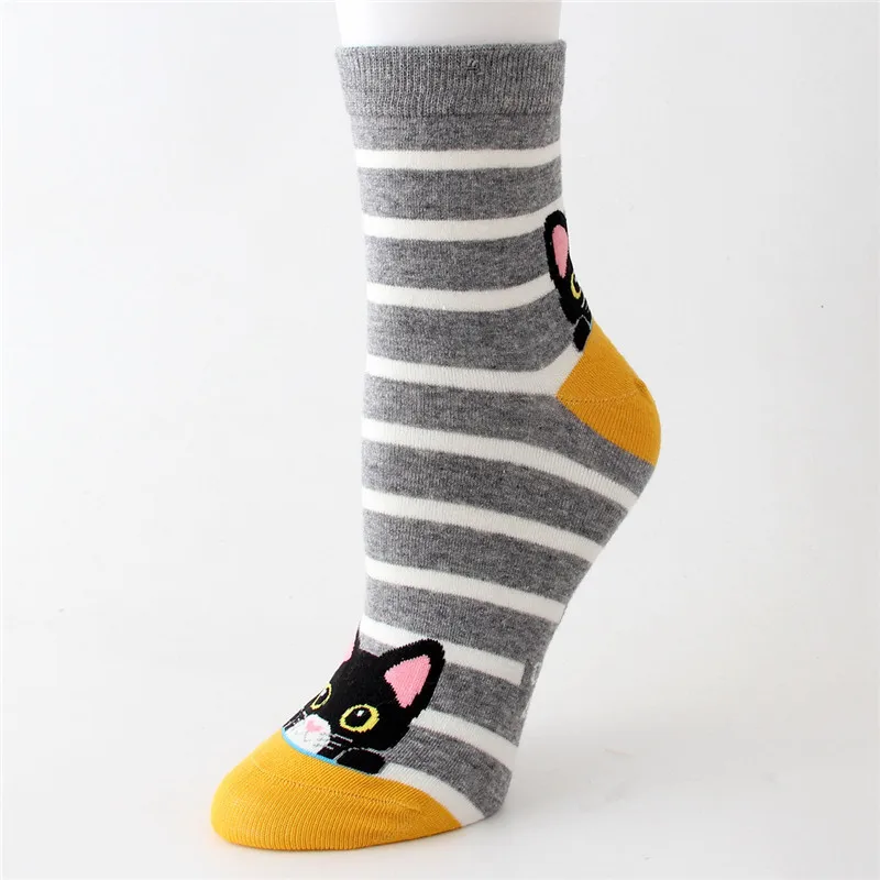 Autumn Winter Women's Cotton Cartoon Socks 5Pairs/Set Colorful Cute Cat Striped Female Ladies Kawaii Animal Tube Socks