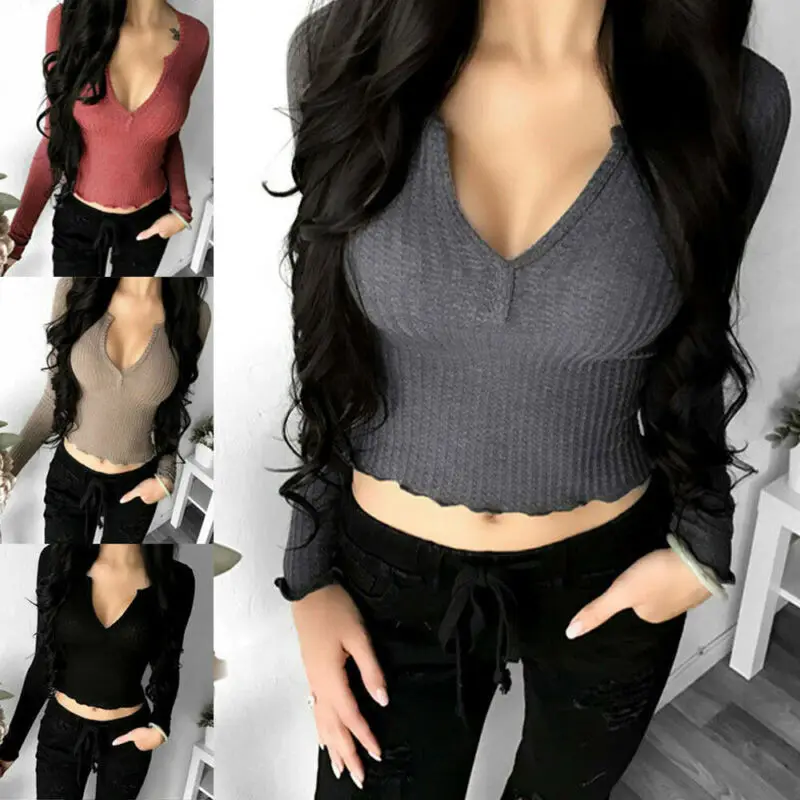 Женский Осенний короткий свитер с V-образным вырезом и длинным рукавом | Женская