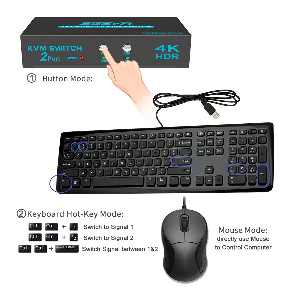 USB переключатель SGEYR 2x1 KVM 2 в 1 HDMI-совместимая клавиатура мышь переключатели с