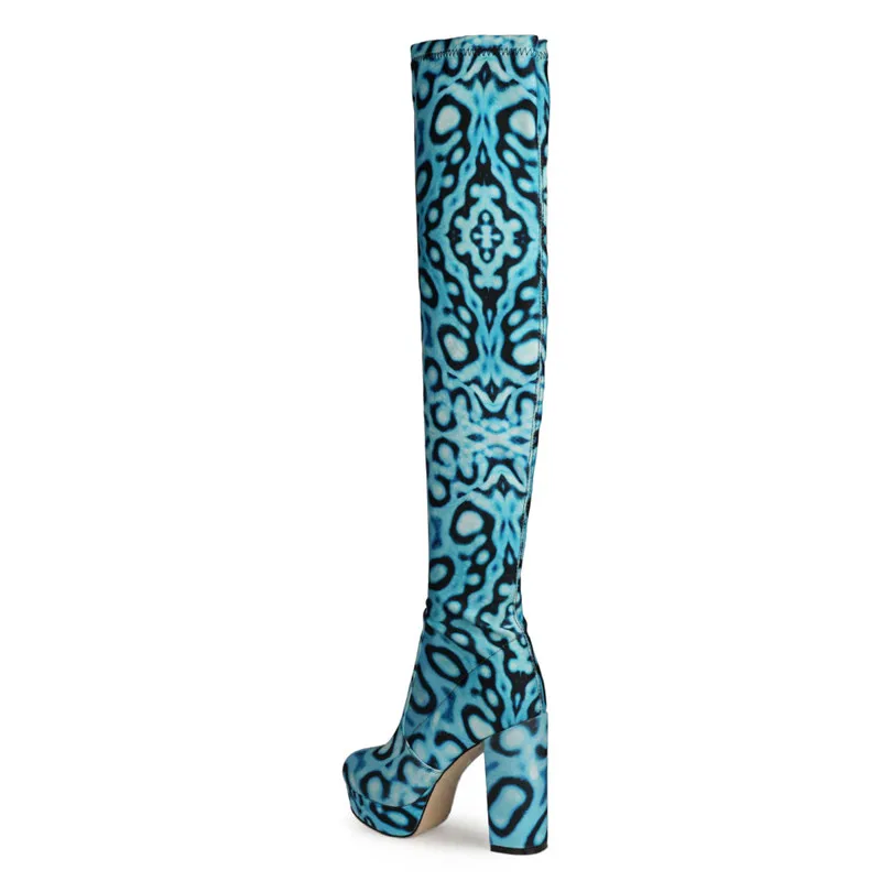 

Ohichiic Leopard Print Over the Knee Boots Fashion Pointed Toe Chunky High Heel Shoes