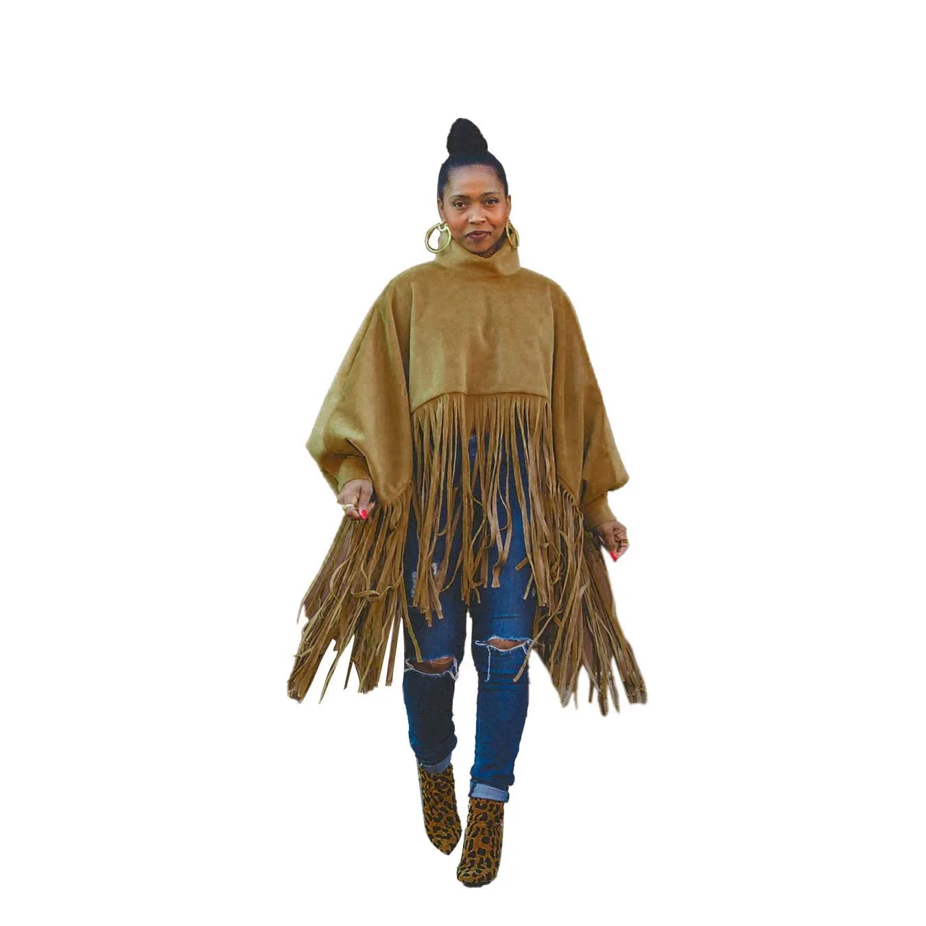 

2021 Autumn Winter Tassel Hem Batwing Sleeve Capes and Ponchos Women Loose Turtleneck Long Sleeve Women Cape Coat