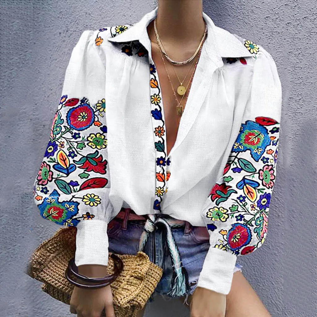 Женская блузка с принтом модная сексуальная рубашка длинным рукавом и V-образным