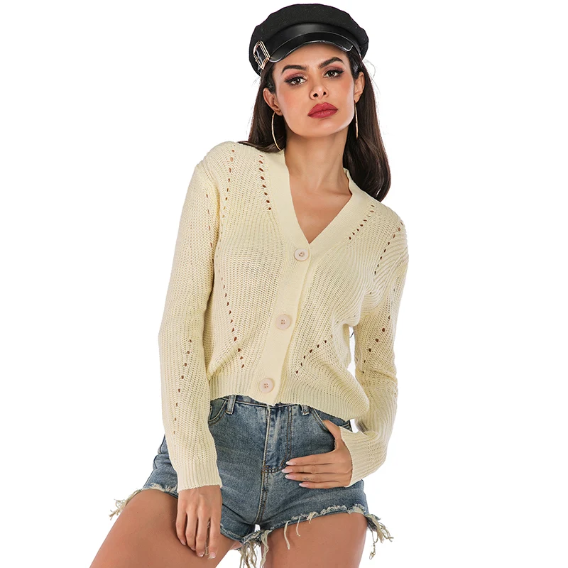 Модный вязаный свитер для женщин с длинным рукавом и v образным вырезом на