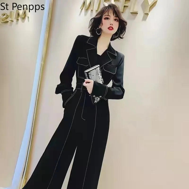 

Temperament Suit Lapel Long Jumpsuit Women Elegant High Waist With Belt Wide Leg Rompers Office Lady Long Sleeve Overalls Black