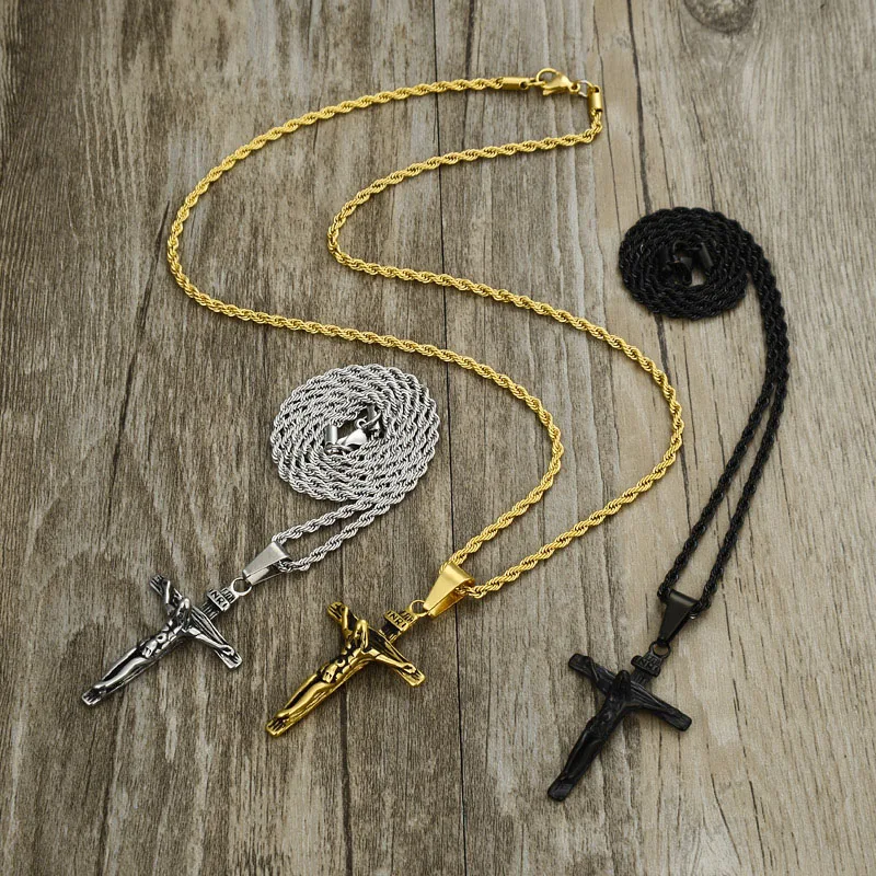 Нержавеющая сталь золото Цвет INRI Jesus частей крест кулон& Цепочки и ожерелья посеребрянное ожерелье для Для мужчин подарок Винтаж ювелирные украшения с христианской символикой