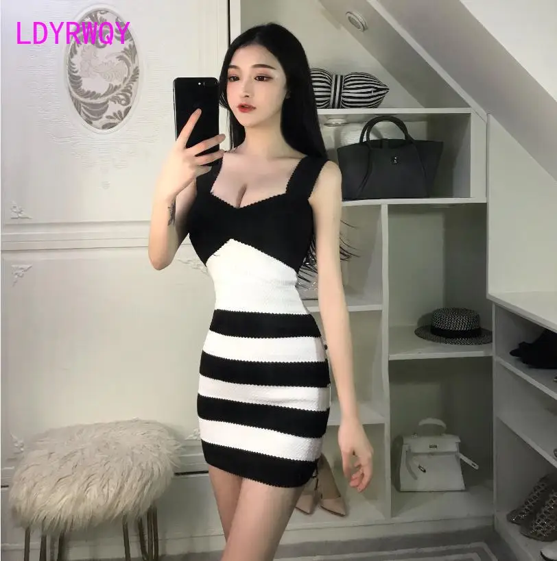 

2021 new bandage sexy low-cut sling slim slimming striped bottoming dress Spaghetti Strap V-Neck