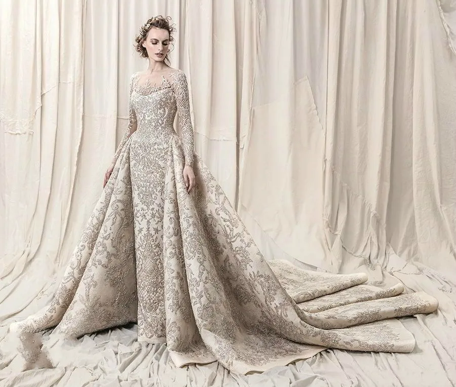 2 в 1 роскошное кружевное свадебное платье с длинными рукавами бусинами и