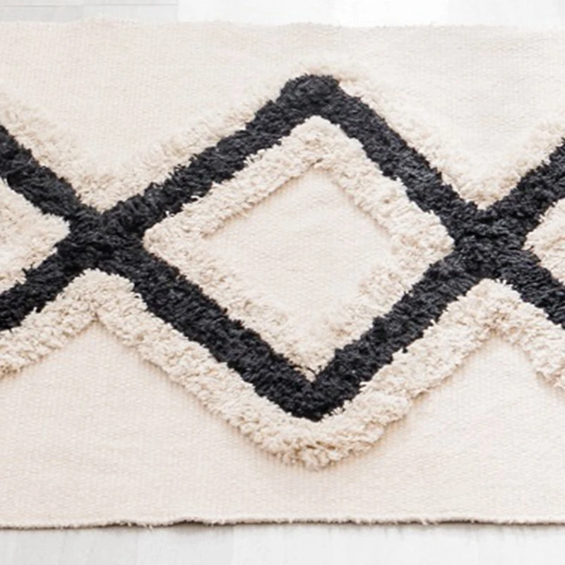 

Retro Boho Hand Woven Tassel Carpet Farmhouse Rug Bedside Rug Geometric Floor Mat Living Room Bedroom Carpet Home Decor