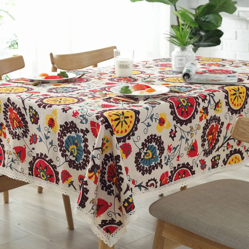 

Ethnic Style Cotton and Linen Tablecloth Sunflower Pattern with Retro Lace Hem Home Coffee Pendant Tea Table Pad Meal Cloth