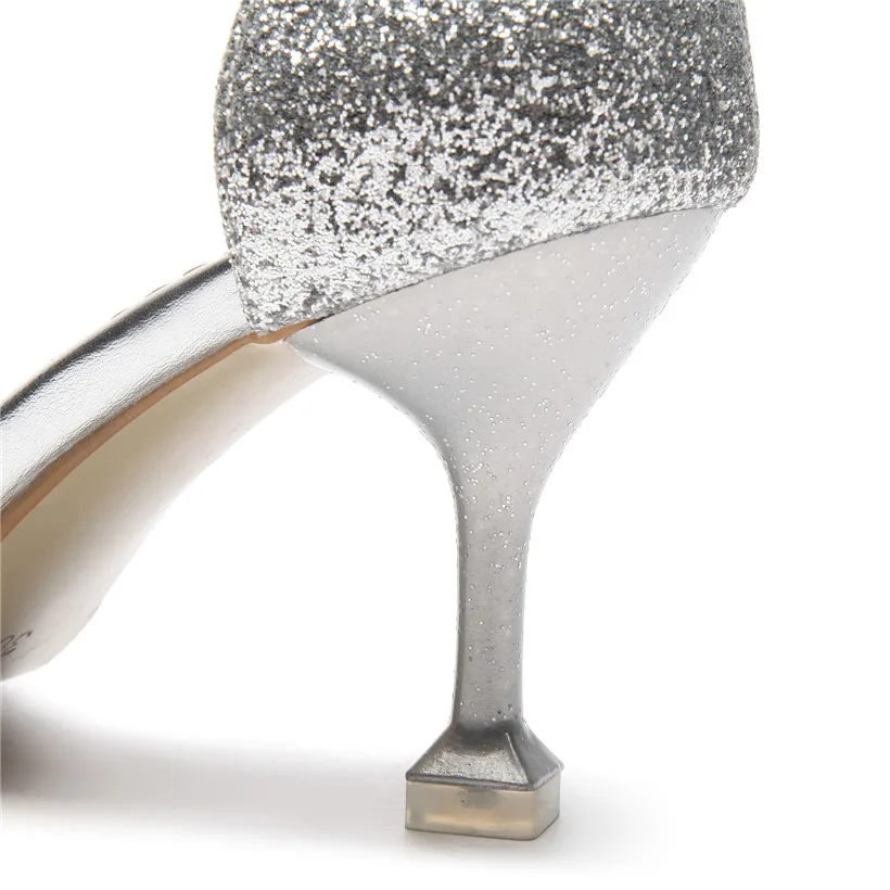 

Big Size Silver Wedding Women Pumps 7.5cm High Kitten Heels Pointed Toe Rhinestone Crystal Ankle Strap Party Office Lady D'Orsay
