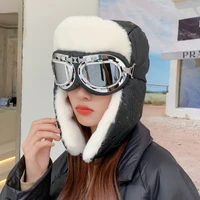 new women cute hat 2 in 1 with glasses high quality add fur lined ears winter hat wool beanie hats for women warm cap