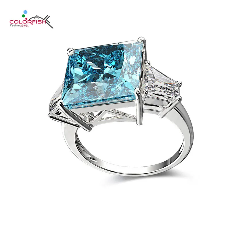 

Colorfish 925 пробы Серебряное юбилейное кольцо с тремя камнями светильник синий 7 ct Принцесса Багет Cut 3-Stone обручальное кольцо Womene